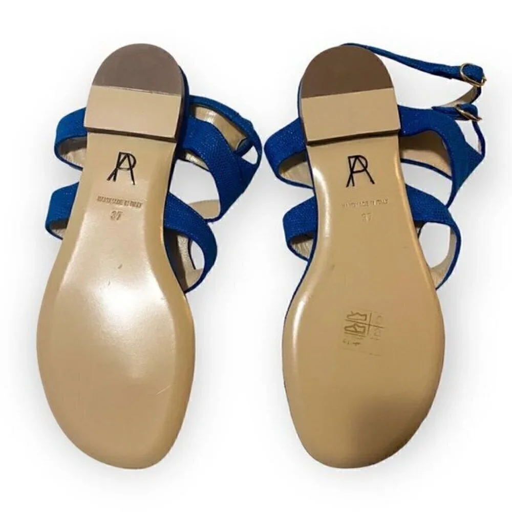 Paul Andrew double ankle strap flat thong sandals in blue embossed suede, New